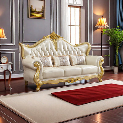European Leather Champagne Solid Wood Sofa 89.7'' Leather Sofa
