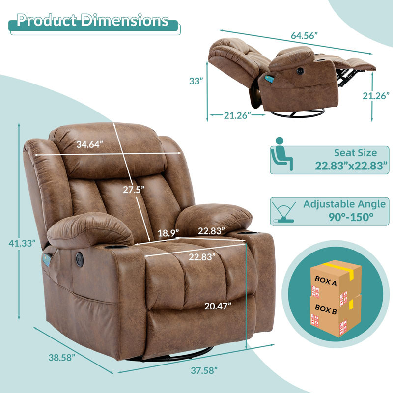 Massage Swivel Rocker Recliner With Heat And Vibration, Manual Glider Rocking Recliner Chair, 360°swivel Lounge Reclining Chair With Usb Ports/cup Holder/remote Control(brown)