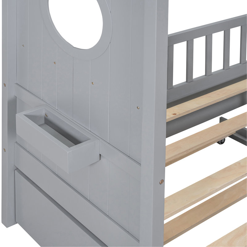 Lit simple en bois avec lit gigogne, conception moderne pour tablettes de nuit avec petite papeterie et décorations, Gris