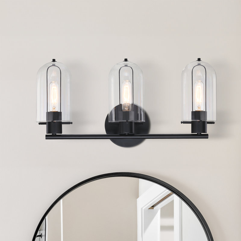 Éclairage pour salle de bain noir mat 3 lumières avec abat-jour en verre transparent 24,5 po Alifonso, Noir mat
