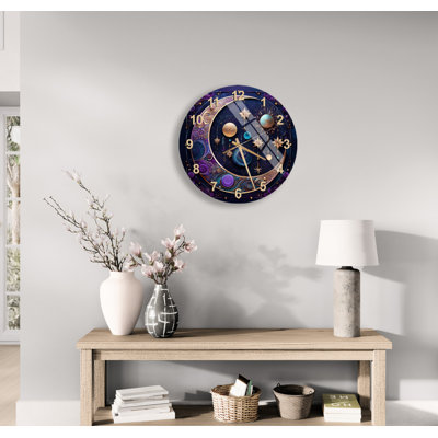 Mystical Hanging Planets and Crescent Moon 24'' Round Tempered Glass Silent Wall Clock