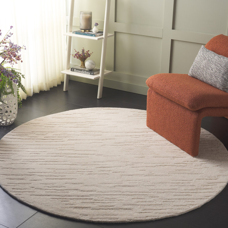 Tapis ivoire en laine / animal de compagnie / coton touffeté à la main Marqueeta, Rond 6 po
