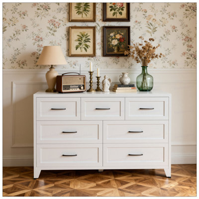 7-Drawer Dresser, Wide Low-Profile Storage Cabinet,  Metal Chest of Drawers for Bedroom, Living Room & Entryway