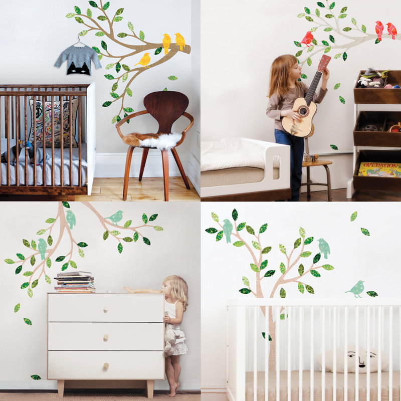 Adhésif décoratif branches et oiseaux à motifs, Rouge / Vert
