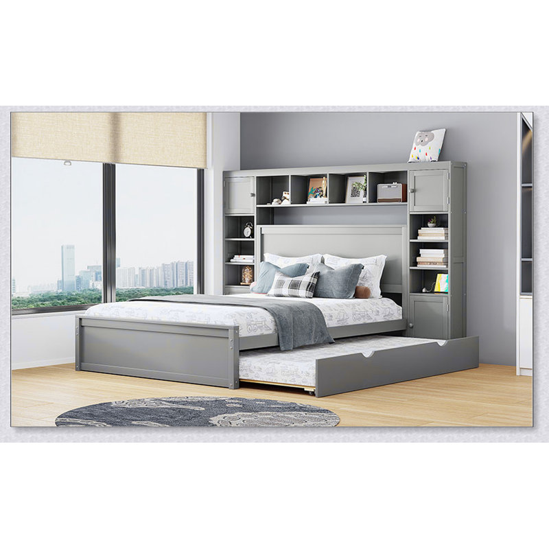 Grand lit en bois avec armoire, tablette et prises tout-en-un, Gris