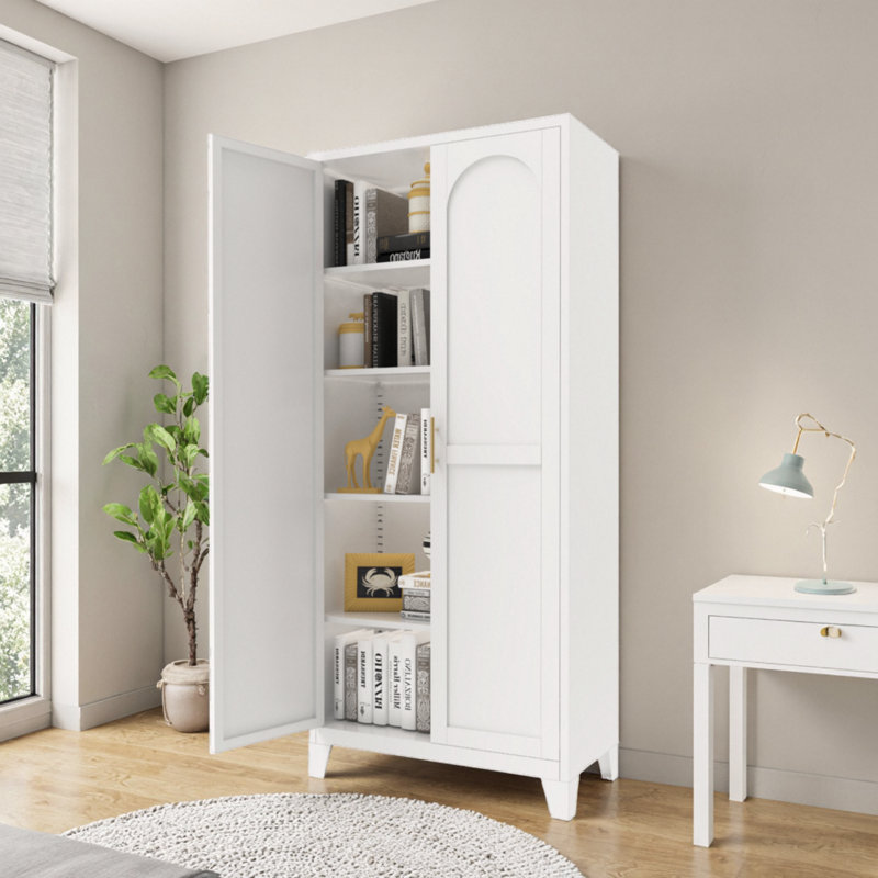 71" Tall Steel Storage Cabinet With 2 Curved Doors & Adjustable Shelves – Spacious Multi-Use Cabinet For Home & Office, White