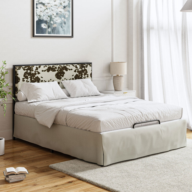 Neilius Upholstered Platform Bed with Washable Slipcover, King, Pattern Cowhide