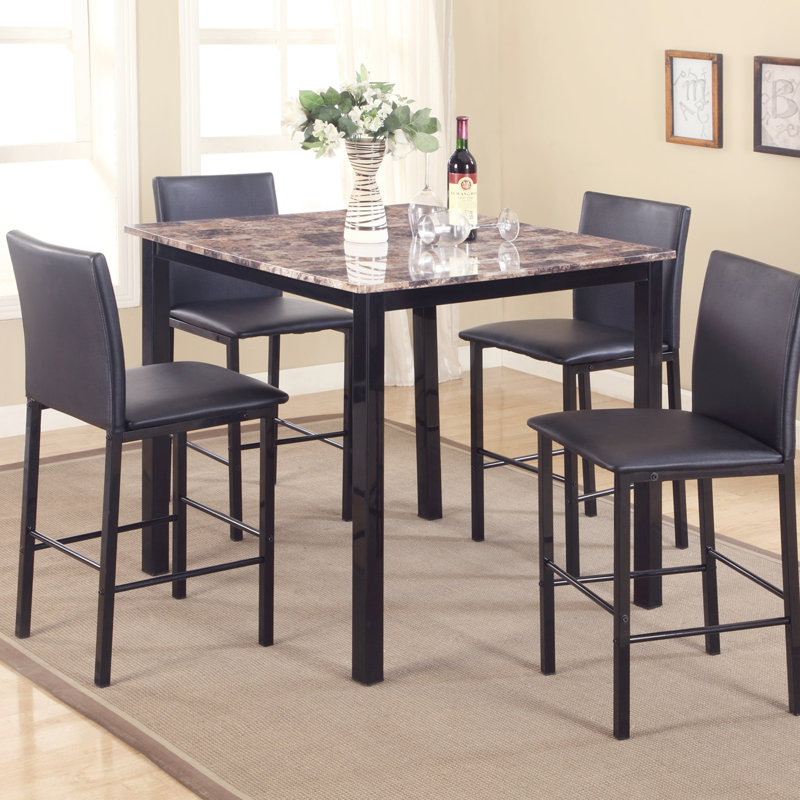 4 chaises de salle à manger à hauteur de comptoir - construction en métal noir et similicuir brun foncé, dossier