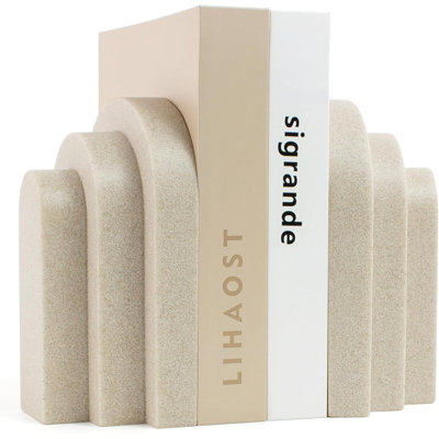 Serre-livres robustes pour tablettes, serre-livres lourds de 6,6 lb pour livres lourds, serre-livres décoratifs modernes d'aspect grès artificiel, ensemble de 2 livres en arc pour porte-bibliothèque, beige