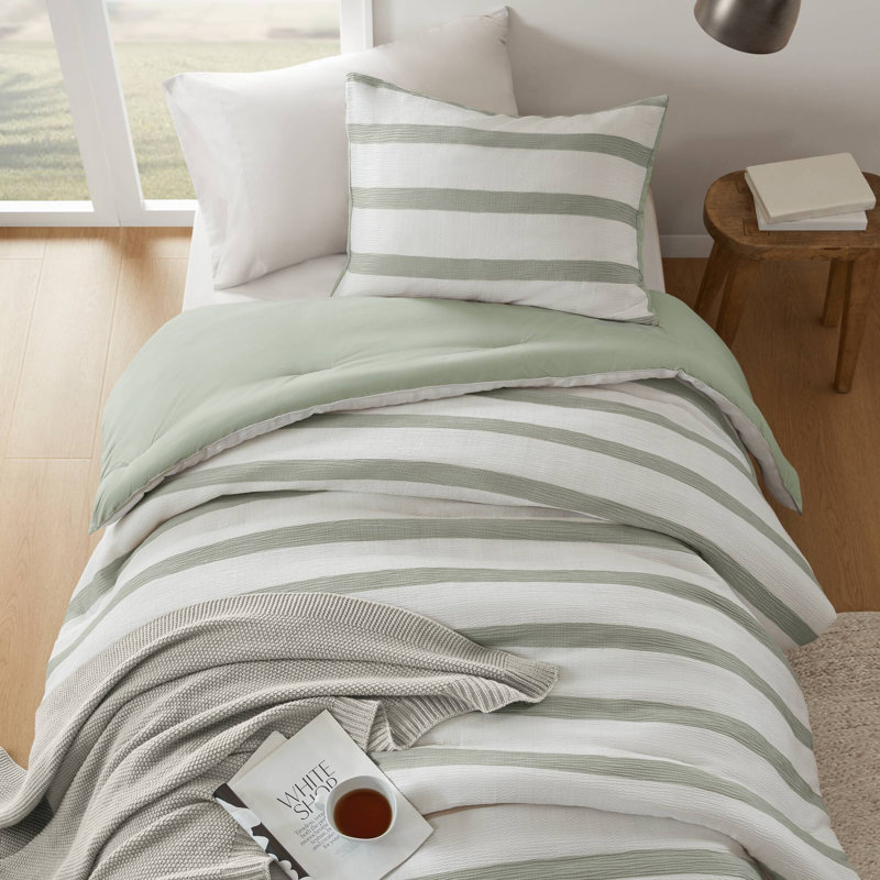 Édredon rayé teint en fil, Édredon simple + 1 taie décorative, Vert sauge / blanc