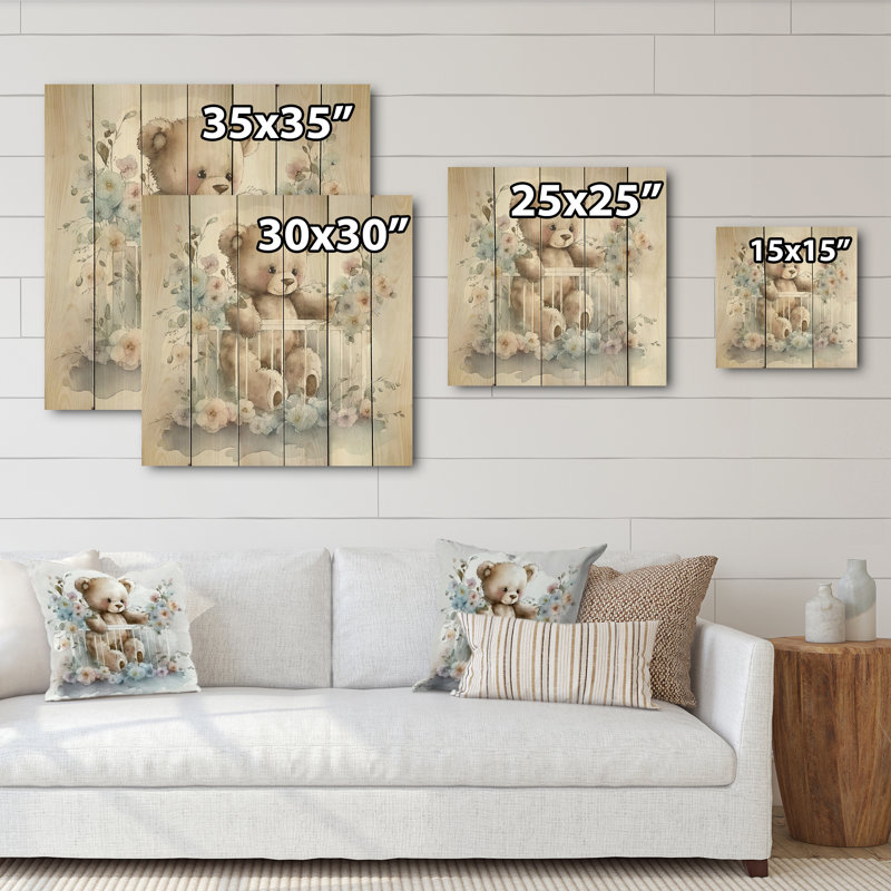 Ours en peluche Olga dans un lit de bébé avec fleurs II - impression sans cadre sur bois, H 30 po x l 30 po x P 1 po