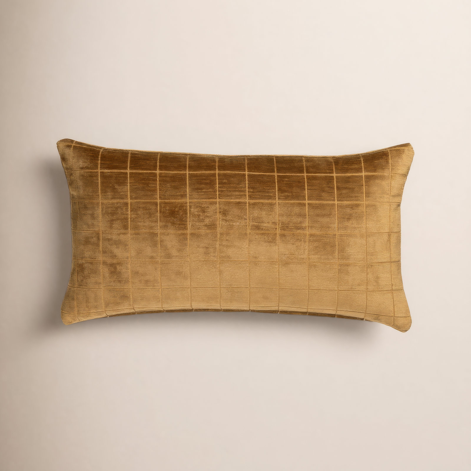 Otterville Velvet Grid Lumbar Pillow, 12"H x 21"W, Feather, Gold Geometric