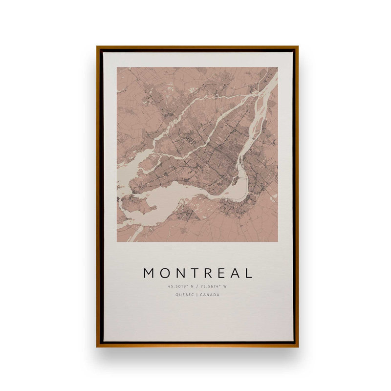 «Montreal Street Map», reproduction d'art sur toile, 32 po x 48 po, Cadre flottant doré poli