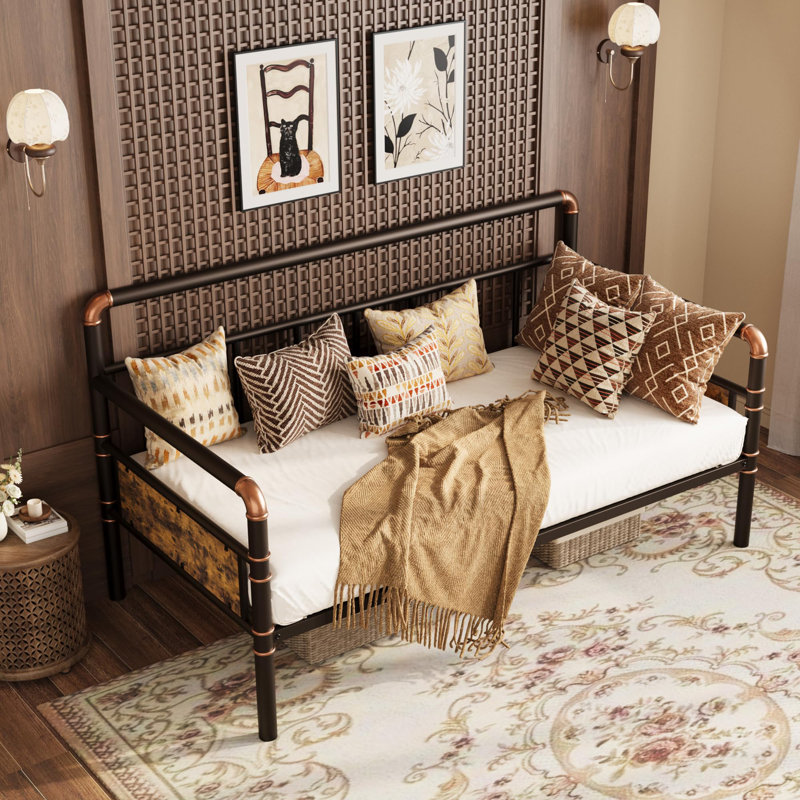 Heavy Duty Brown Twin Daybed – Metal Bed Frame with Classic Headboard & Steel Slats, Sofa for Living Room/Guest Room, No Box Spring Needed