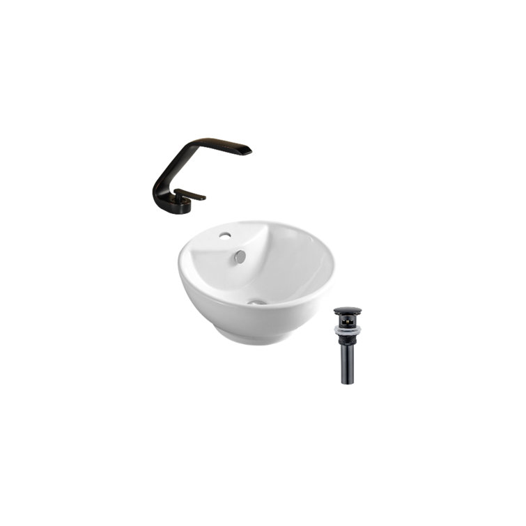 DROP Bath And Kitchen 18'' Gloss Ceramic Circular Bathroom Sink with Faucet and Overflow