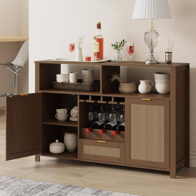 51" Rattan Buffet Cabinet with Removable Wine Rack & Glass Holders, Boho Farmhouse Storage Sideboard for Kitchen Dining Room Entryway, Natural by Bay Isle Home
