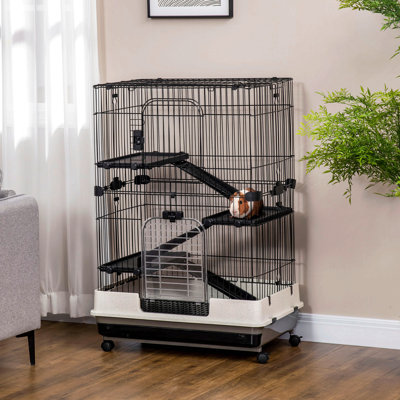 Cage à 4 niveaux avec roulettes, plateau amovible, plateforme et rampe pour lapin Pawhut