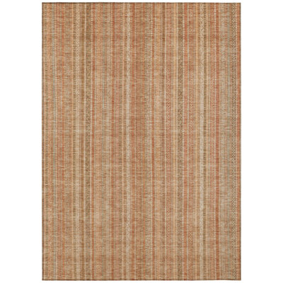 3' X 5' Rust Beige And Linen Striped Washable Indoor Outdoor Area Rug