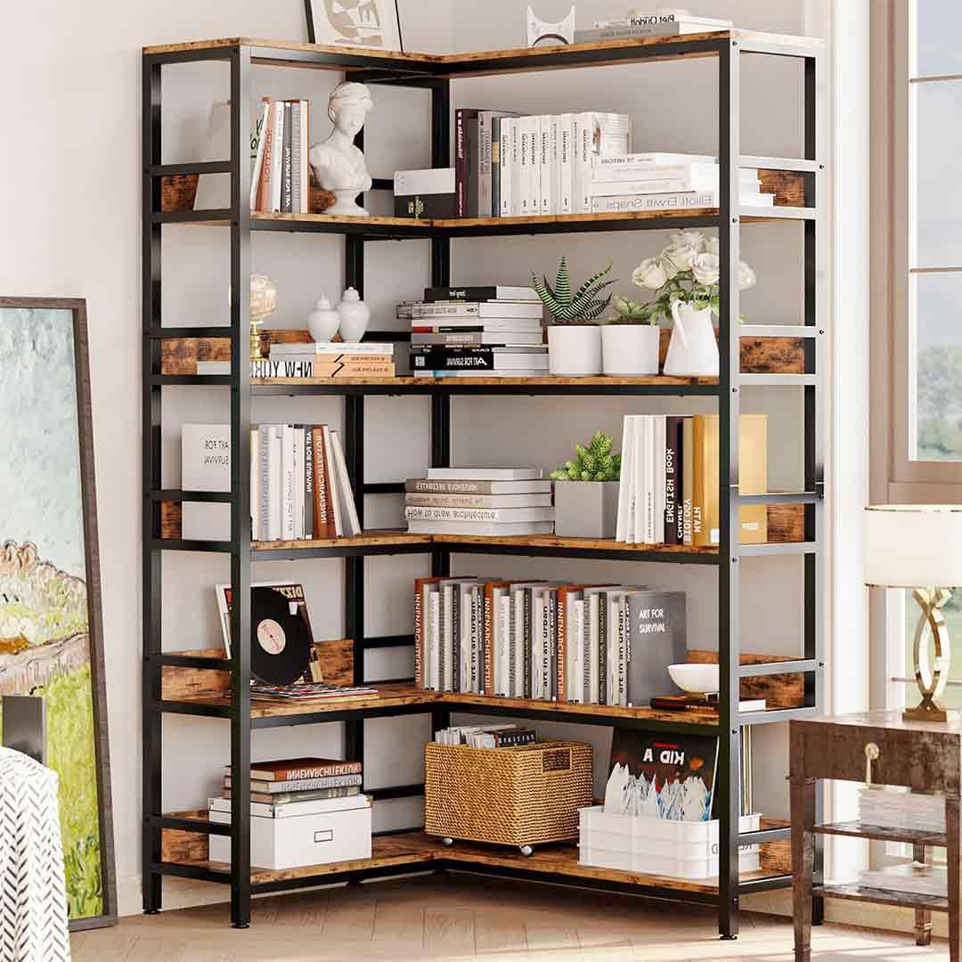 17 Stories Industrial Bookshelves 6 Tiers Corner Bookcases With Baffles ...