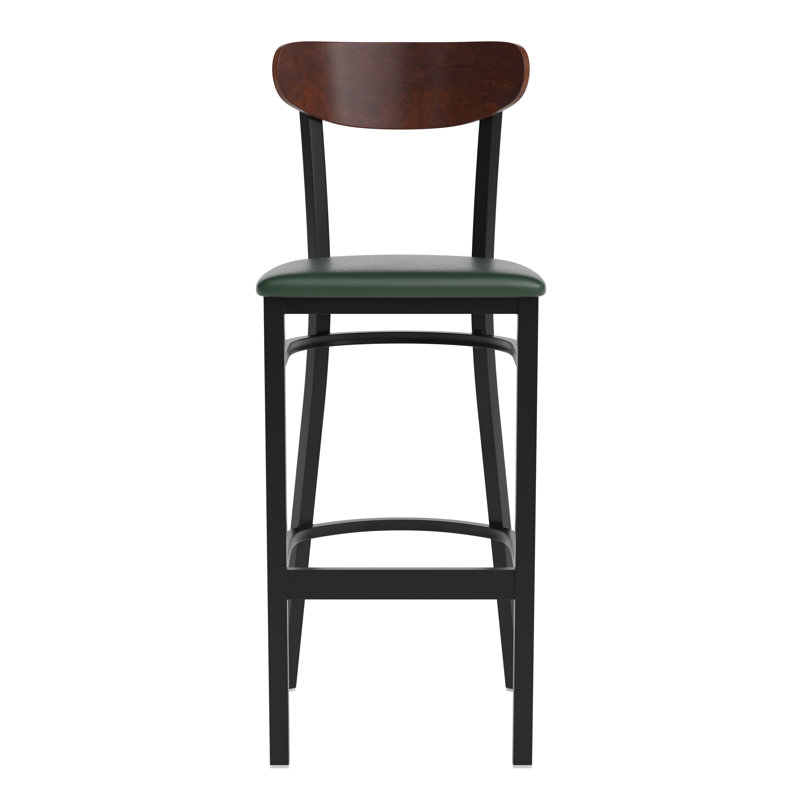 Everlena Commercial Metal Barstool with Wood Seat and Boomerang Back, Walnut, Green