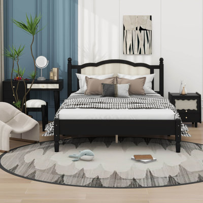 Ensemble de chambre à coucher 3 pièces avec cadre de lit en bois, 1 table de chevet rétro et 1 coiffeuse de maquillage avec tabouret Sicard