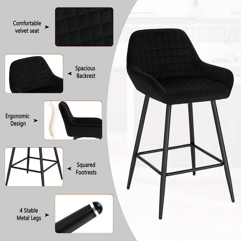 Chisato Upholstered Counter Stool with Metal Frame, 2, Black