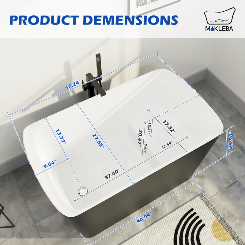 46.85" x 27.3" Freestanding Small Acrylic Bathtub, Integrated Seat & Non-Slip Surface, Chrome Drain for Safe Soaking in Compact Bathrooms