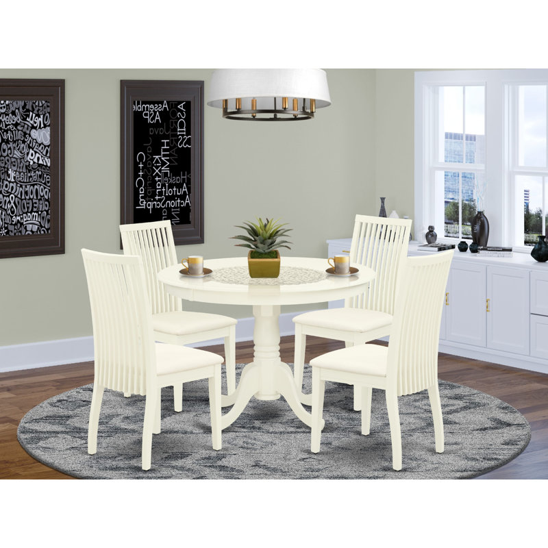 L'ensemble de salle à manger 5 pièces comprend une table de salle à manger ronde avec piédestal et 4 chaises rembourrées en tissu de lin, blanc lin  