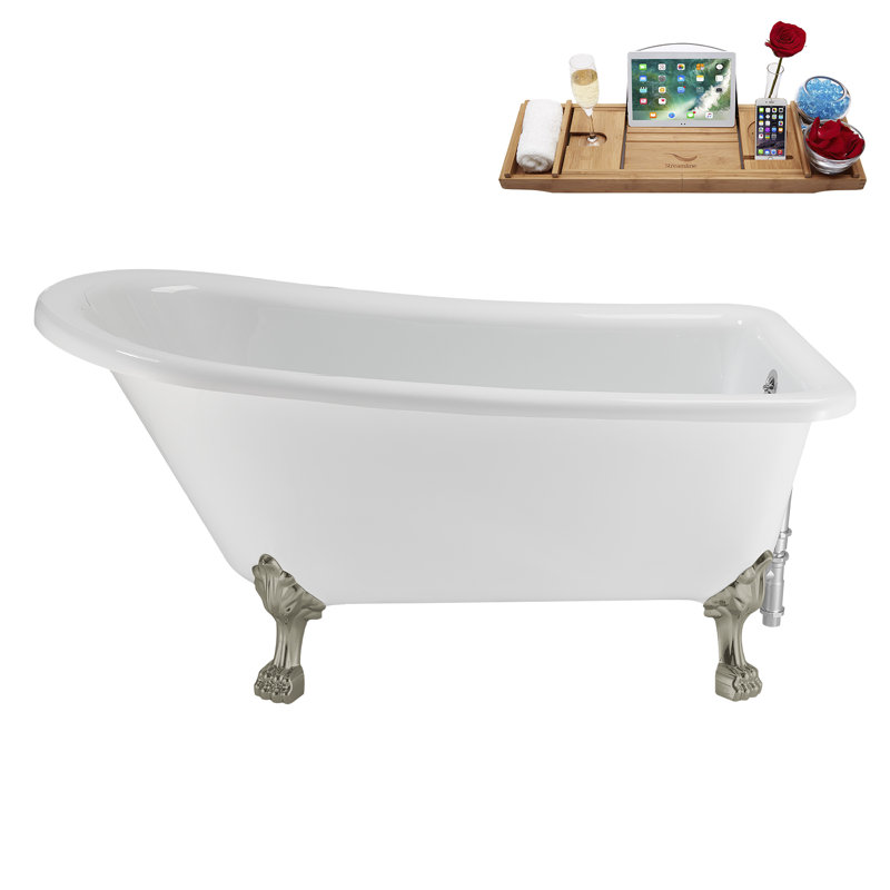 58" Streamlin Clawfoot Tub,Tray,Drain, Clawfeet, Brushed Nickel, Polished Chrome