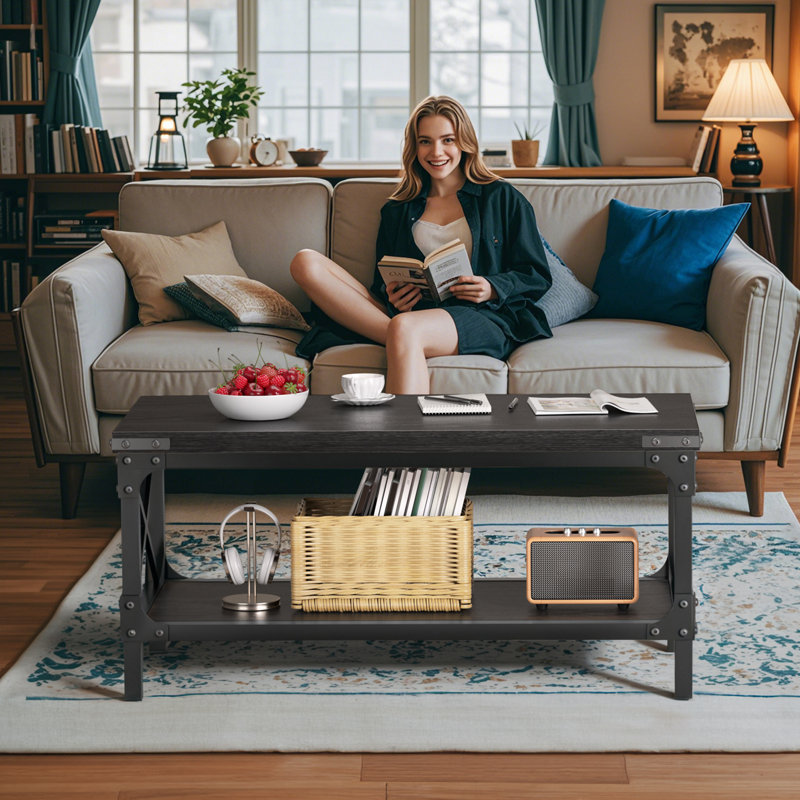 Rectangle Coffee Table, 2 Tier Industrial Coffee Table for Living Room, Wood Thickened Tabletop and Metal Frame, 31.5inch