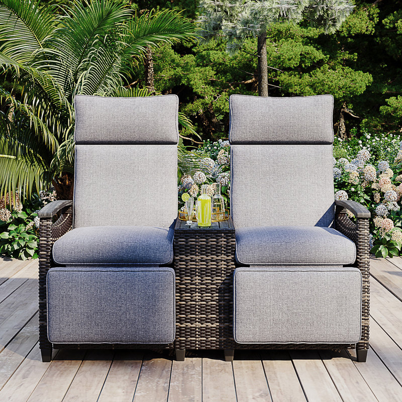 Ensemble de chaise longue d'extérieur en osier à dossier réglable, Gris, Gris