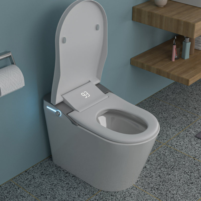 Toilette intelligente avec bidet intégré, ouverture et fermeture automatiques, siège chauffant allongé, capteur de pied encastré, affichage DEL, lavage à l'eau chaude, sécheuse, veilleuse