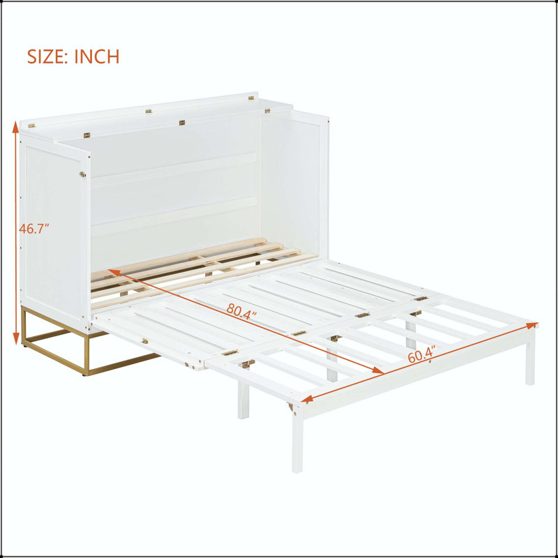 Grand lit escamotable Murphy avec portes en bois et pieds en métal, Blanc