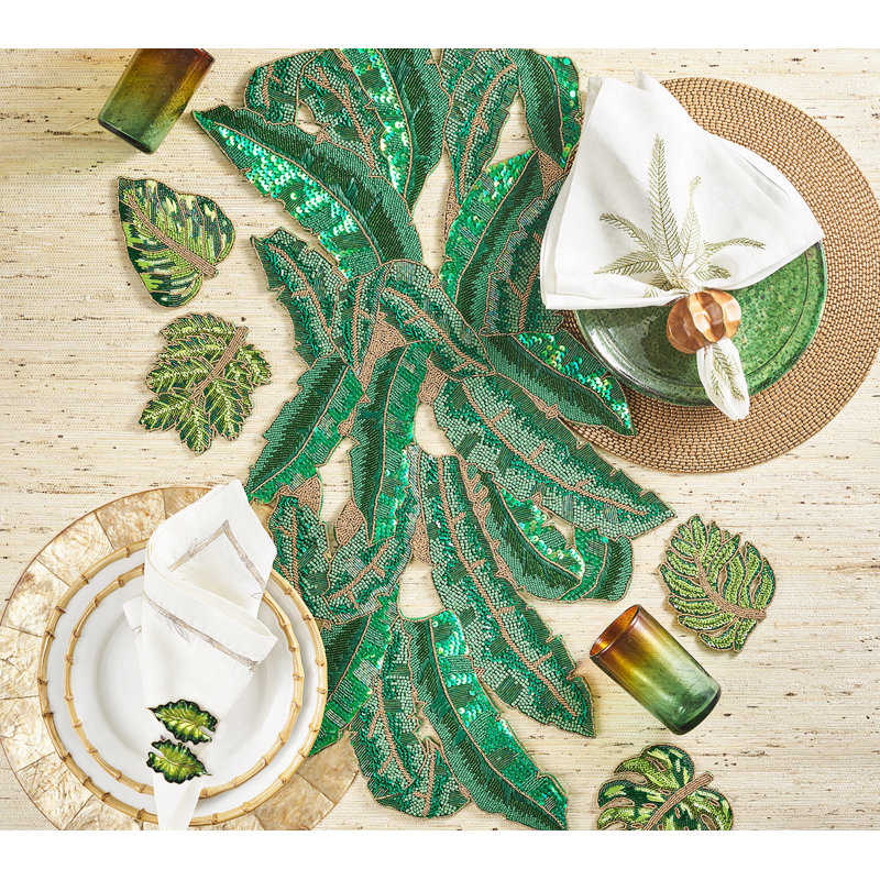 Palm Coast Linen Napkin, White/Green/Gold