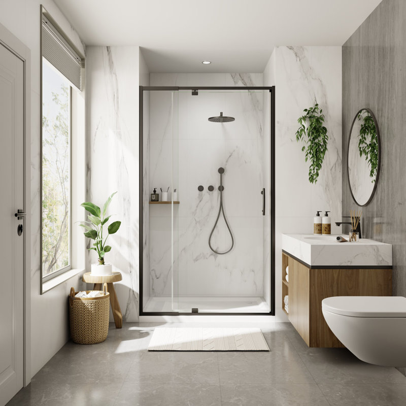Pivot Semi-Frameless Shower Door With 1/4" Tempered Glass, Matte Black, 42"W x 71"H