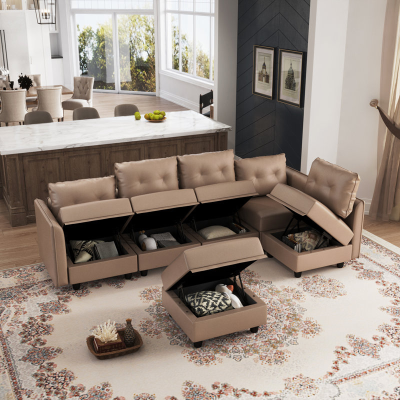 Canapé modulaire réversible avec repose-pieds Bresee, Similicuir brun, H 34 po x l 112 po x P 56 po
