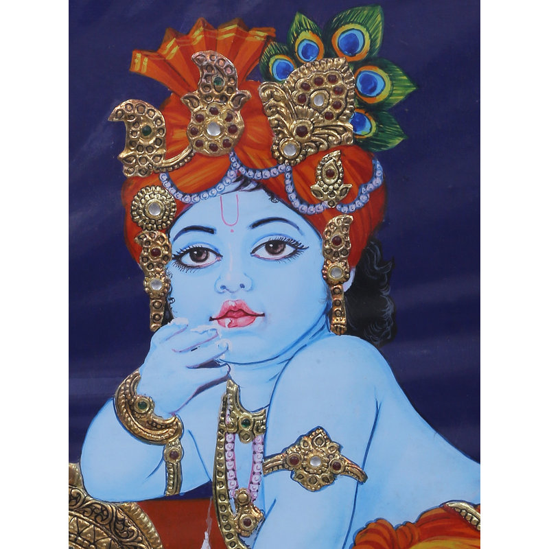Voler la peinture de Makhan Baal Krishna Tanjore | Couleurs traditionnelles avec or 24 carats | Avec cadre