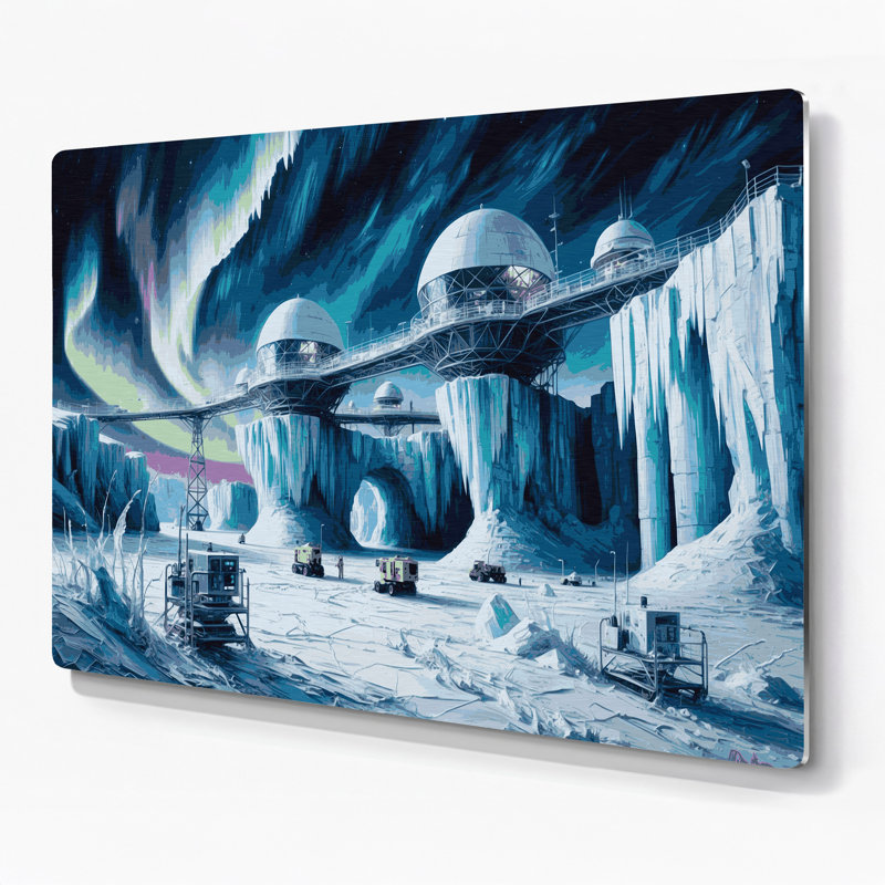 Art mural en métal Sci Fi Ice planète station de recherche, H 132 po x l 168 po x P 0,05 po
