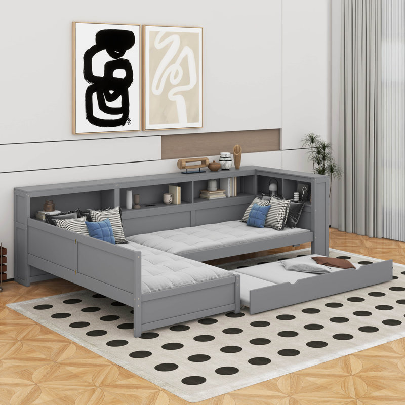 Lit plateforme simple en L en bois avec lit gigogne et tiroir, Gris