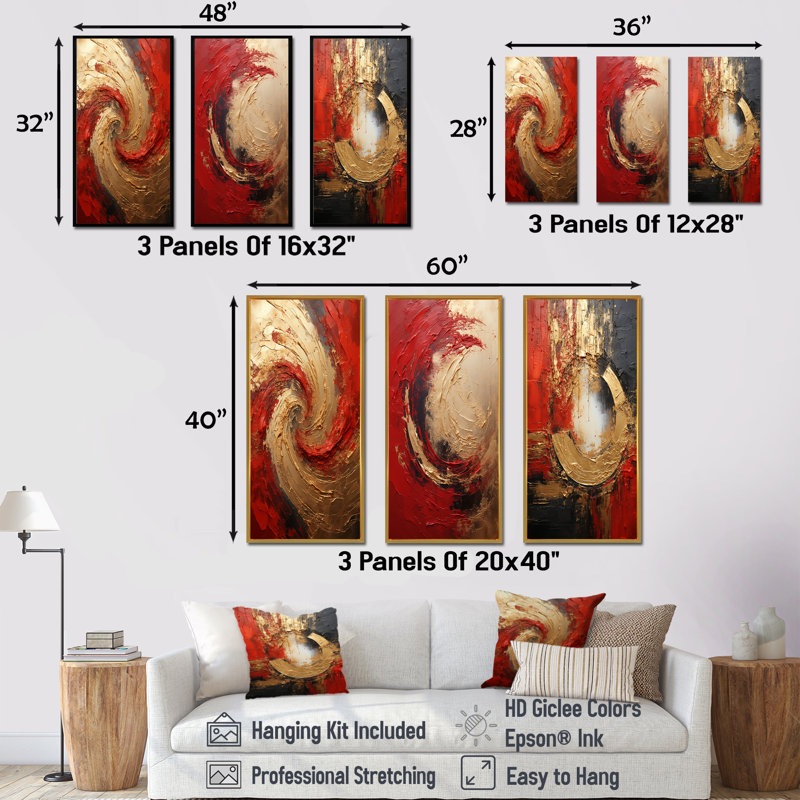 «Red Gold Fusion Spiral» - ensemble de 3 toiles abstraites - ensemble d'art mural moderne, H 28 po x l 36 po