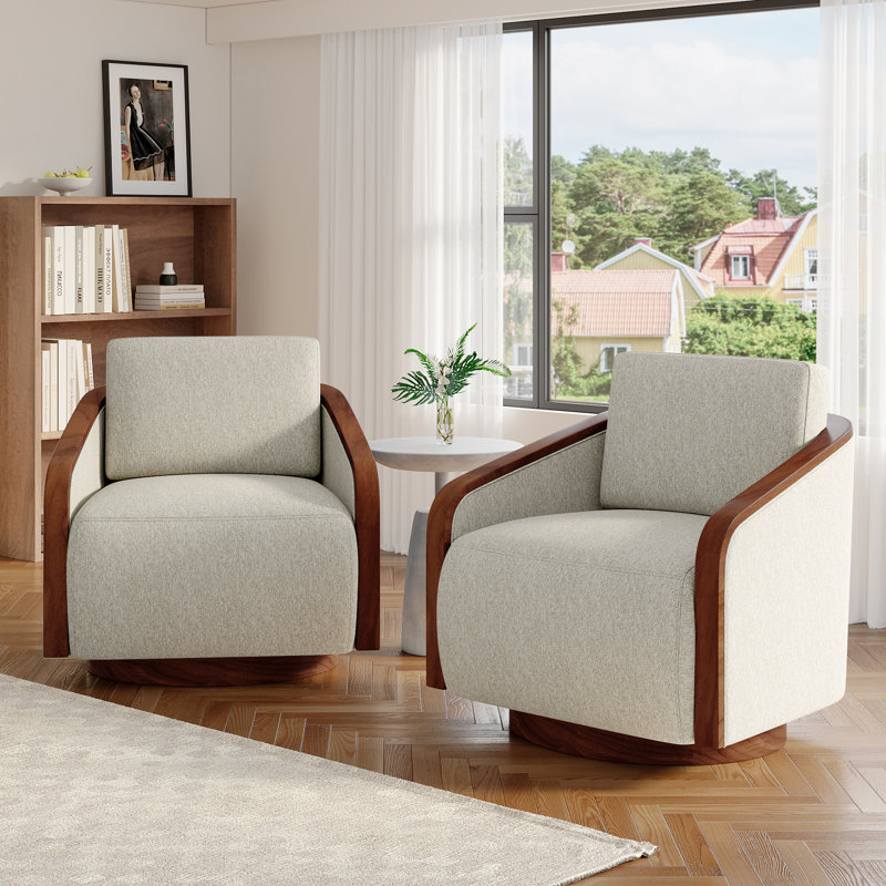Upholstered Swivel Barrel Chair, Beige Brown
