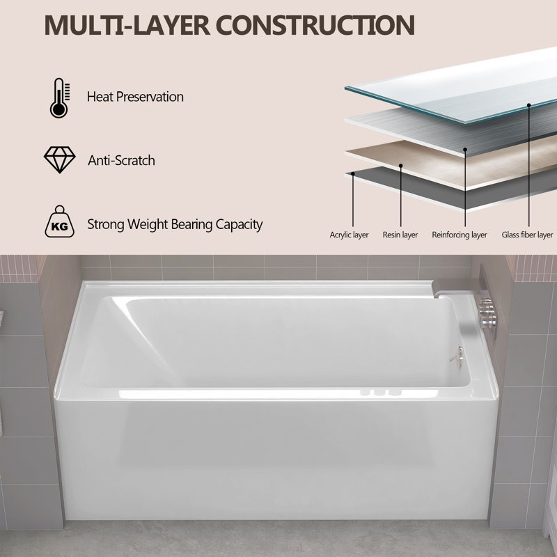 60" X 30" Alcove Soaking Acrylic Bathtub With Drain Integrated Flange Non-slip Rectangular Skirt Tub In White, Right