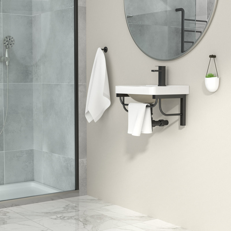 Lavabo de salle de bain mural 20 po x 14 po avec support noir et porte-serviettes, modÃ¨le rectangulaire suspendu blanc
