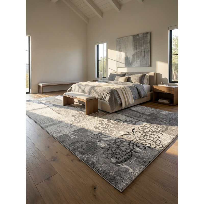 Trawick 10' Gray And Ivory Damask Shag Runner Rug, Rectangle 3'9" x 5'9"