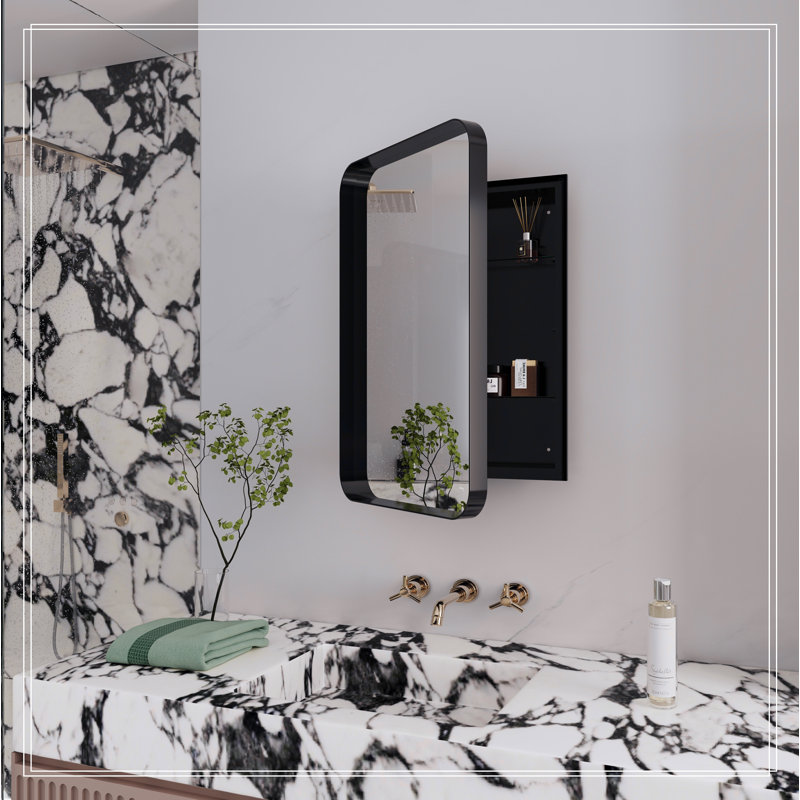Armoire à pharmacie encastrée en métal avec miroir et tablettes réglables 16 po x 24 po, Noir mat
