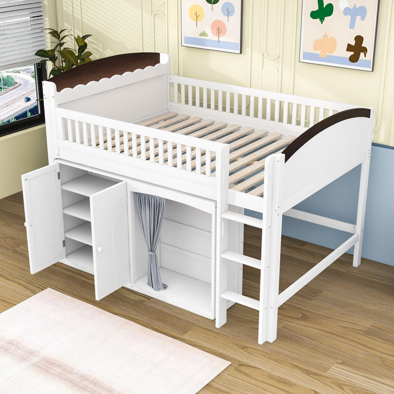 Loft Bed with Cabinet, Wardrobe and LED, White/Espresso, Full