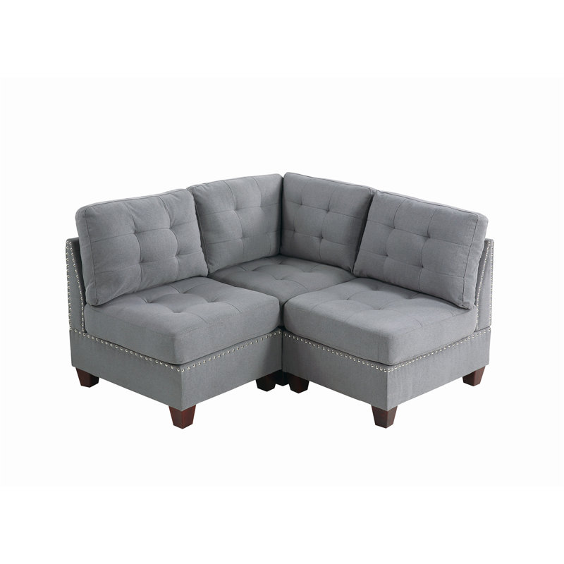 Canapé modulaire 3 pièces rembourré, 100 % lin gris