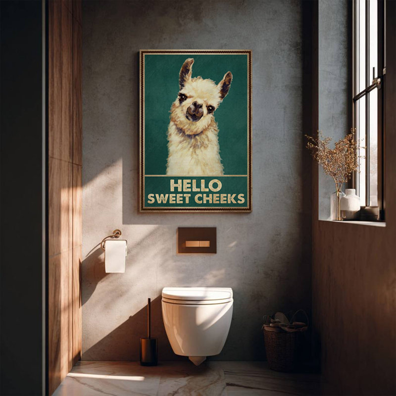 «Llama - pourquoi bonjour les joues douces», toile tendue - décor d'illustrations de salle de bain et de lessive, beige et vert foncé