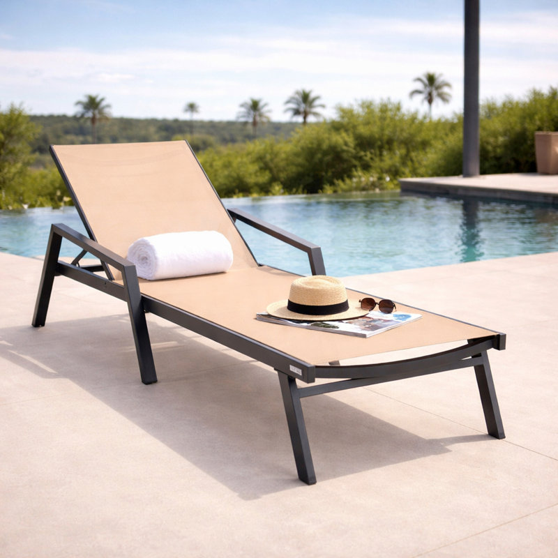 Marlin Outdoor Patio Reclining Chaise Lounge Arm Chair with Powder-Coated Aluminum Frame- Breathable Sling Mesh Fabric, Adjustable Backrest