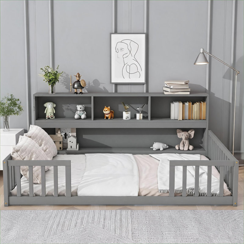 Full Size Floor Bed Frame with Built-in Storage, Neutral Gray Solid Pine for Small Bedroom Spaces